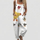 Greer - White Overalls with Hen and Chicks Print