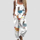 Ruth - White Overalls with Colourful Hen Print