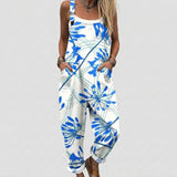 Candice - White Overalls with Blue Leaf Print
