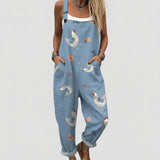Aleta - Light Blue Overalls with White Hen Print
