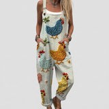 Naomi - Cream Overalls with Knitted Chicken Print