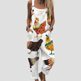 Moira - White Overalls with Patterned Hen Print