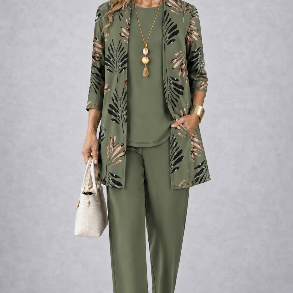 Sharon elegant three-piece set in Khaki Green, front view