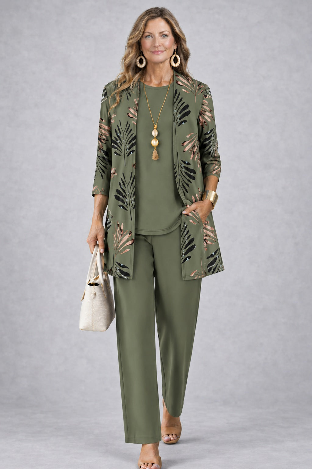Sharon elegant three-piece set in Khaki Green, front view