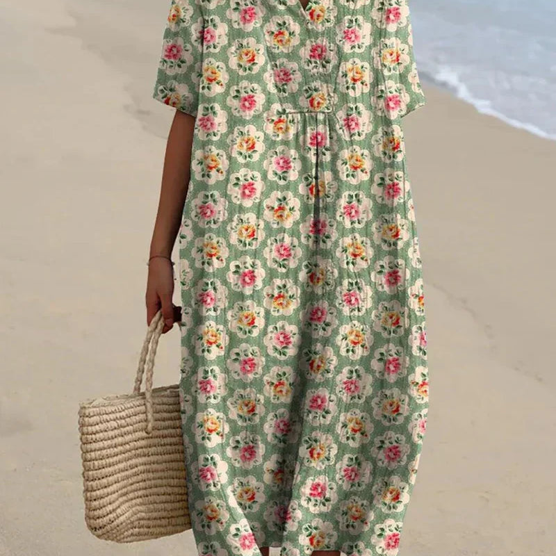 Elaine - Retro Floral Dress in Aqua Green